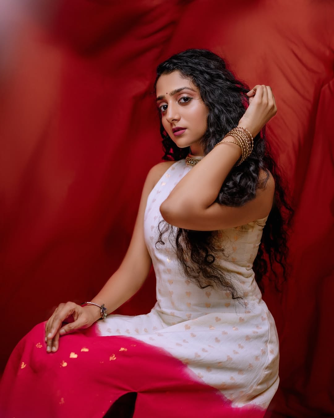 Elegant portrait of a woman in traditional Indian outfit with red backdrop Arsha Baiju photoshoot Actress Arsha Baiju